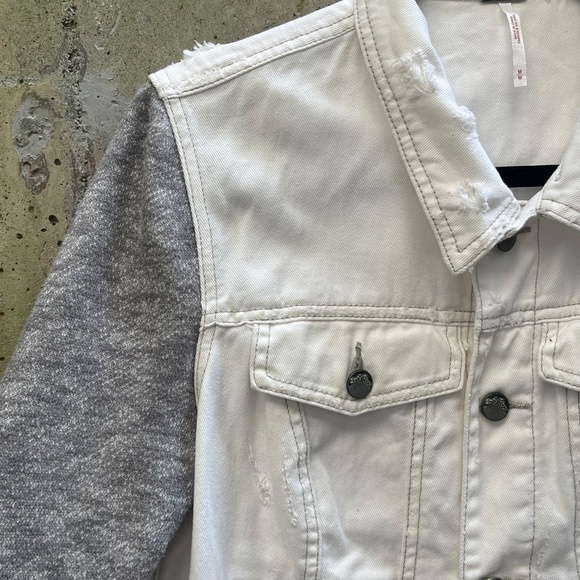Free People Distressed Knit / Denim Jacket, Gray / White Jean, Medium - Picture 6 of 17